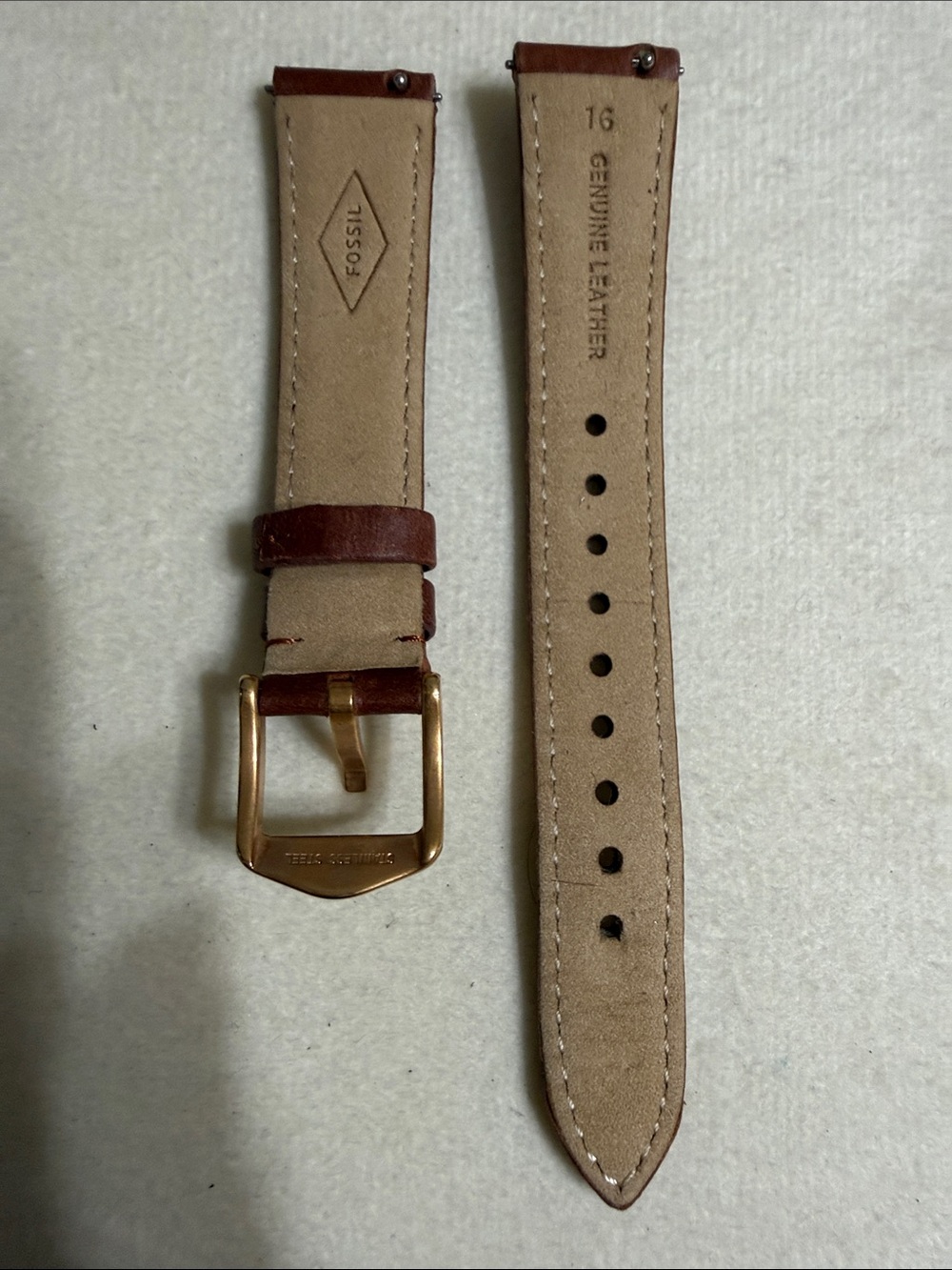 16mm Fossil Brown Leather Watch Band with Rose Gold Buckle - Picture 2 of 3